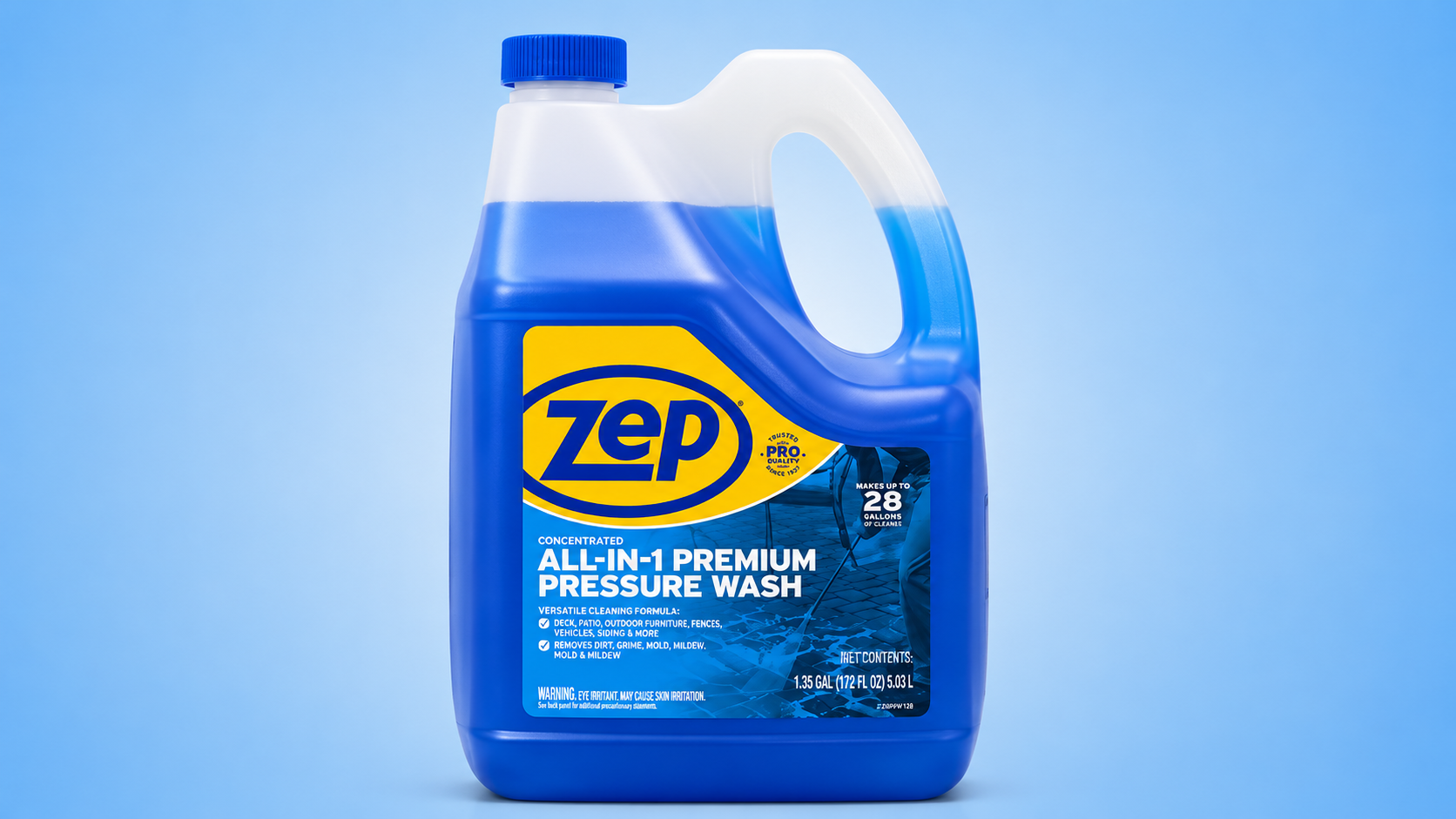 A jug of Zep concentrated all-in-one premium pressure wash on a blue background.
