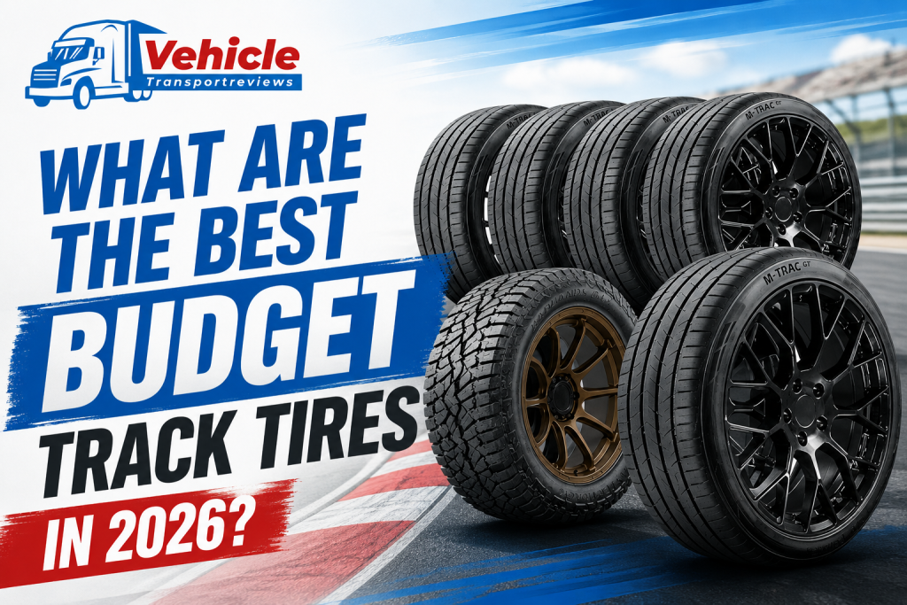 Vehicle Transport Reviews graphic about the best budget track tires with performance wheels.