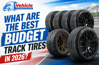 Vehicle Transport Reviews graphic about the best budget track tires with performance wheels.