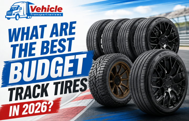 Vehicle Transport Reviews graphic about the best budget track tires with performance wheels.