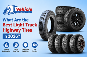 Infographic asking "What Are the Best Light Truck Highway Tires?" featuring various truck tires and performance icons.