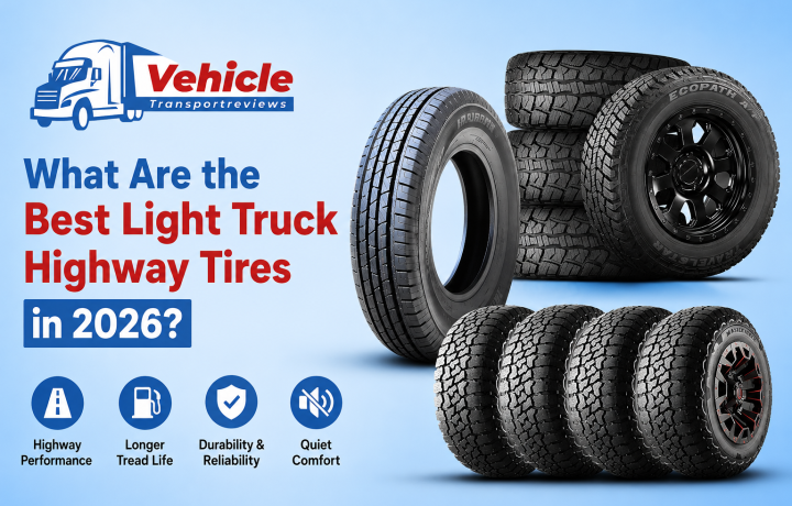 Infographic asking "What Are the Best Light Truck Highway Tires?" featuring various truck tires and performance icons.