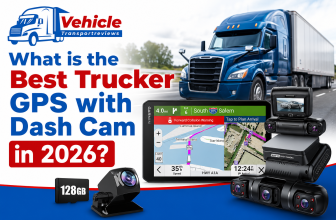 Infographic asking "What is the Best Trucker GPS with Dash Cam?" featuring a semi-truck and navigation devices.