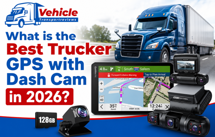Infographic asking "What is the Best Trucker GPS with Dash Cam?" featuring a semi-truck and navigation devices.