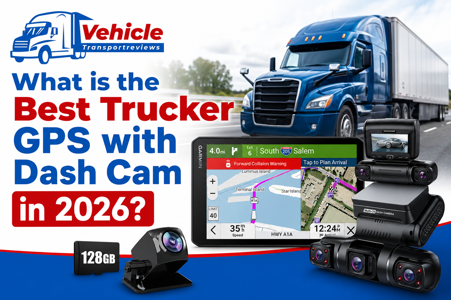 Infographic asking "What is the Best Trucker GPS with Dash Cam?" featuring a semi-truck and navigation devices.