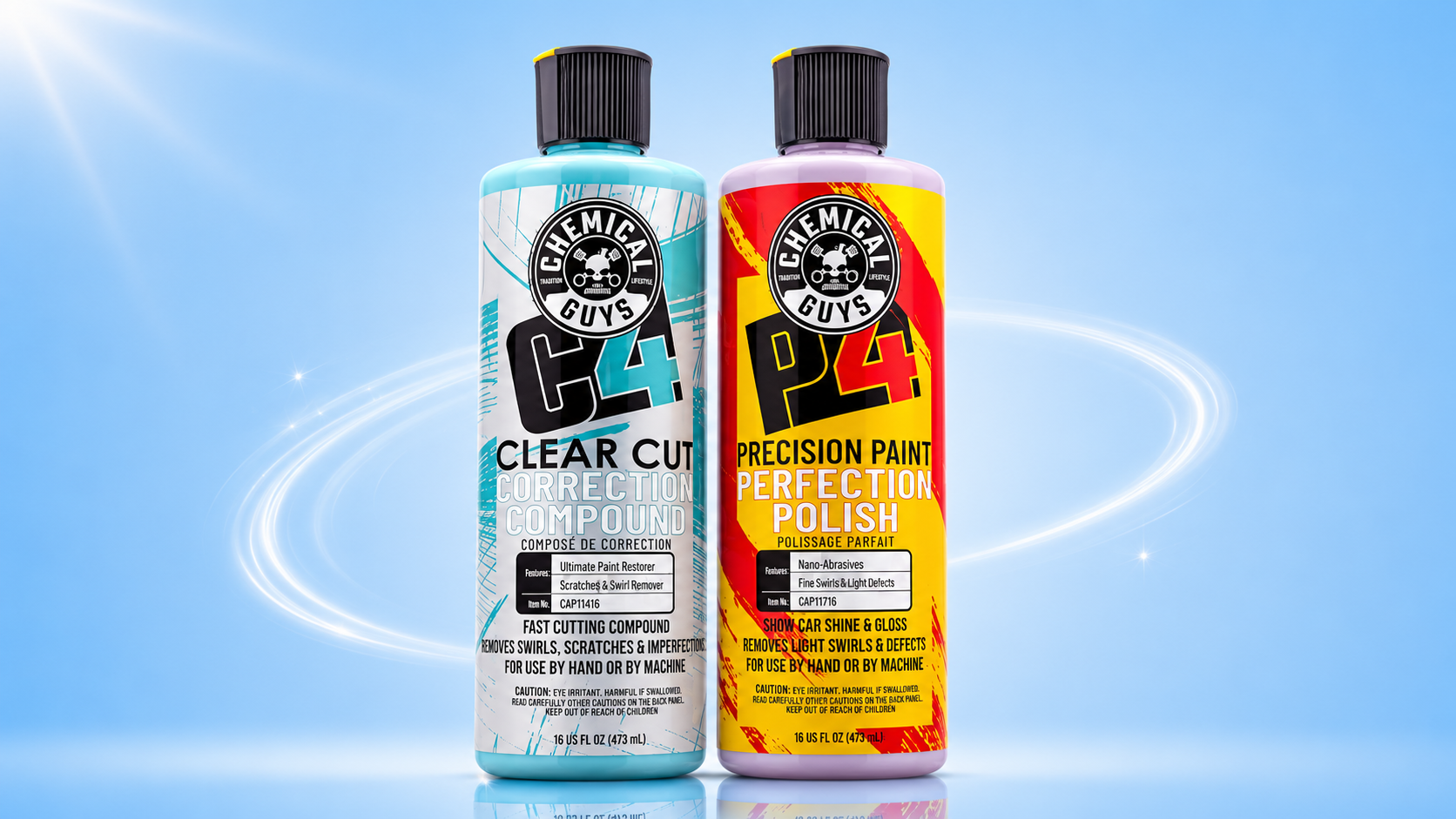 Chemical Guys C4 Clear Cut Correction Compound and P4 Precision Paint Perfection Polish combo bottles.