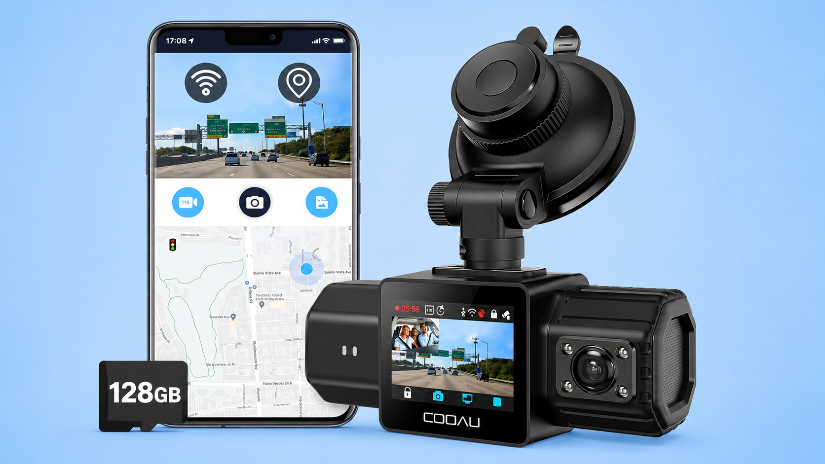 COOAU dash camera with suction mount next to a smartphone showing its app interface and a micro SD card.