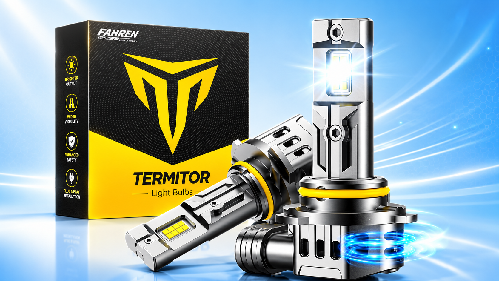 Fahren Termitor 9005 HB3 LED headlight bulbs and product packaging box for car night driving.