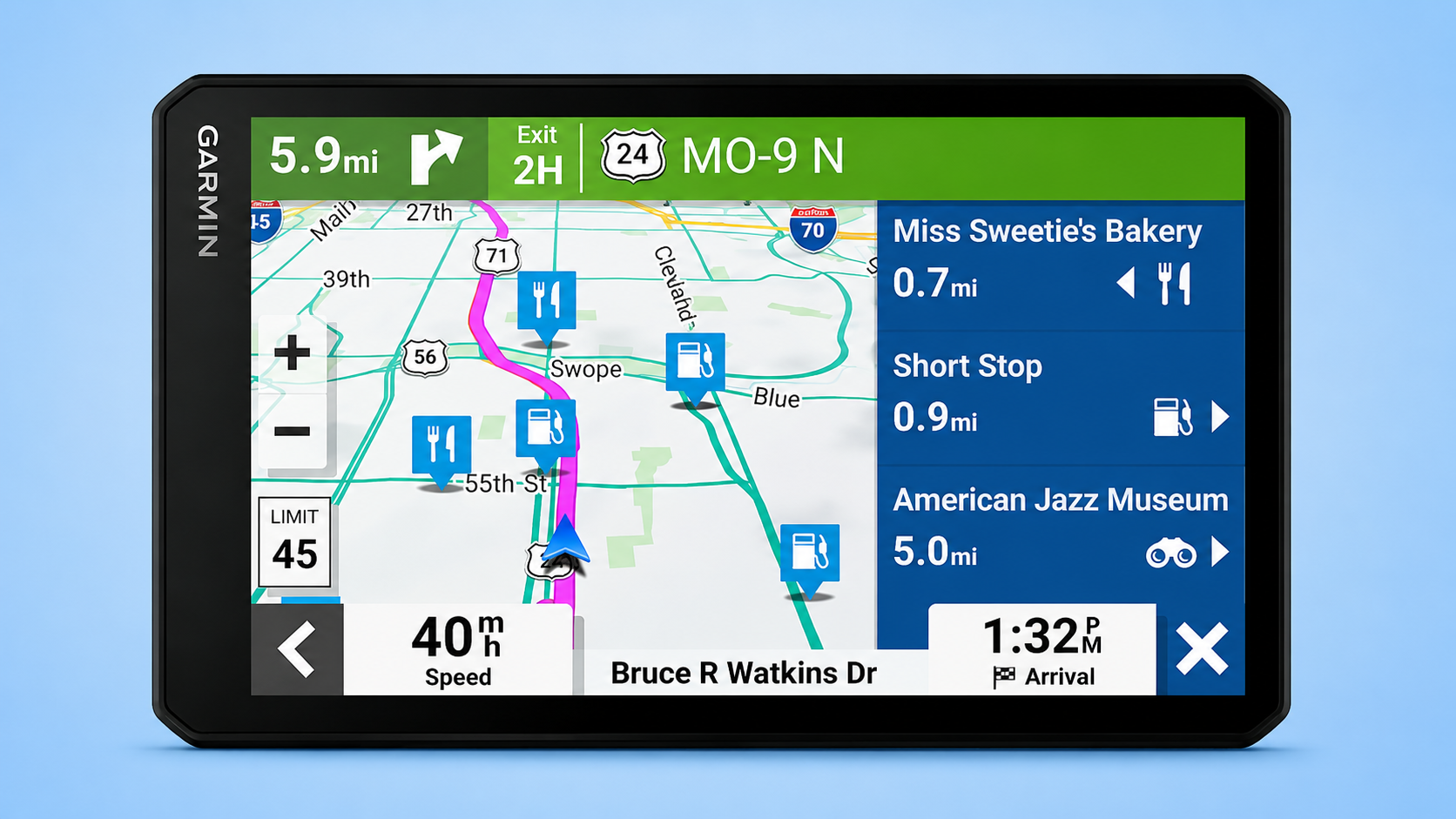 Garmin navigation screen displaying a route map alongside upcoming points of interest and stops.
