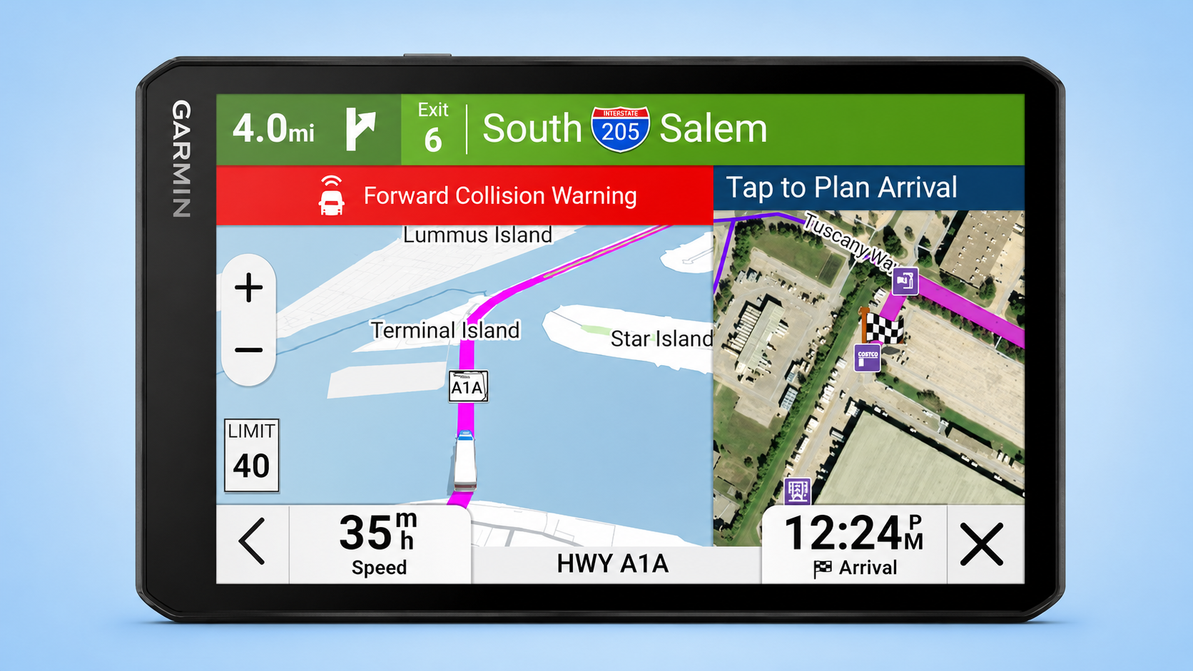Garmin navigation screen showing a split-screen route map and forward collision warning alert.