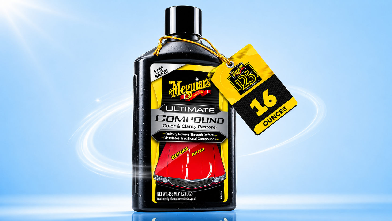 Meguiar's Ultimate Compound car polish bottle showcasing before and after paint defect removal