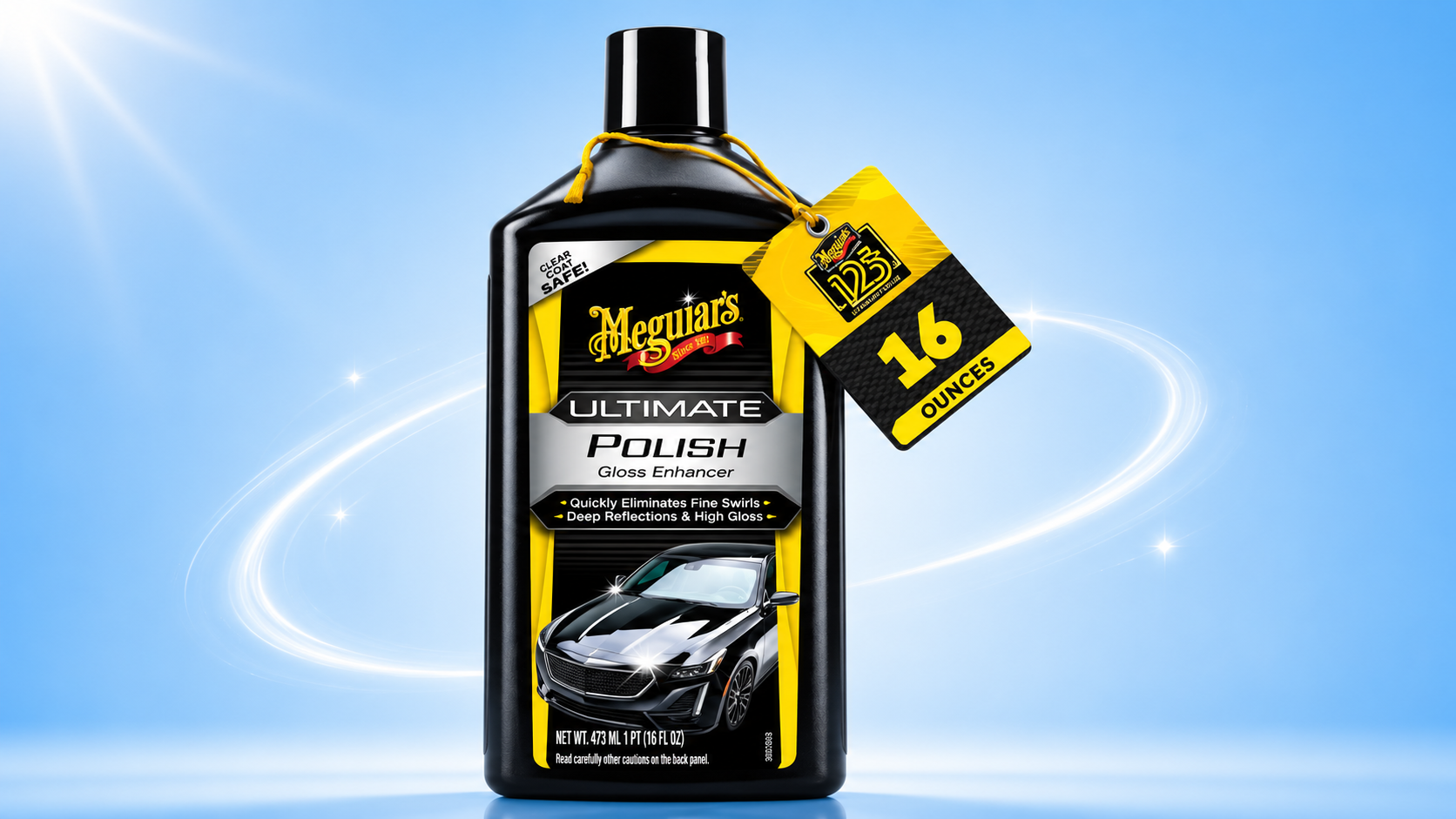 Meguiar's Ultimate Polish gloss enhancer 16 ounce bottle for eliminating fine swirls and maximizing shine.