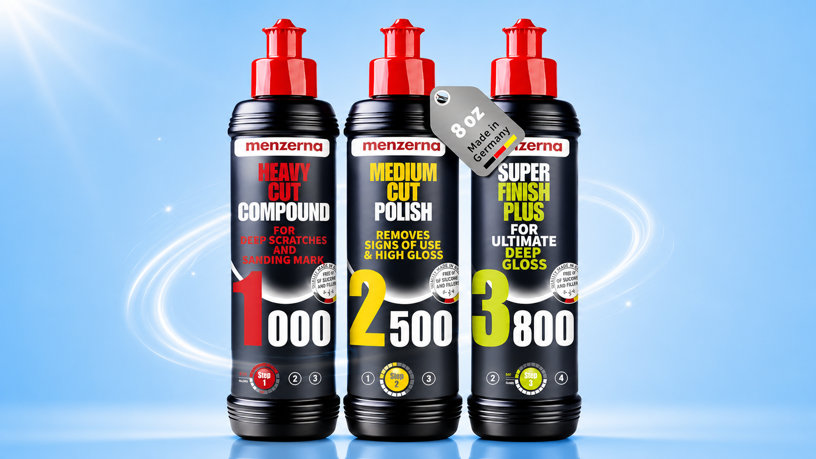 Menzerna 3-step car paint correction kit with heavy cut, medium cut, and super finish polish bottles.