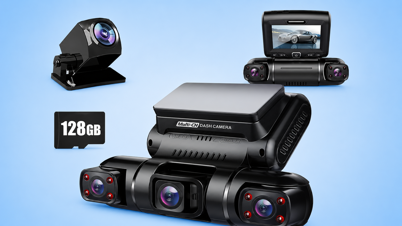 Multi-channel dash camera system with standalone lenses and a micro SD card on a blue background.
