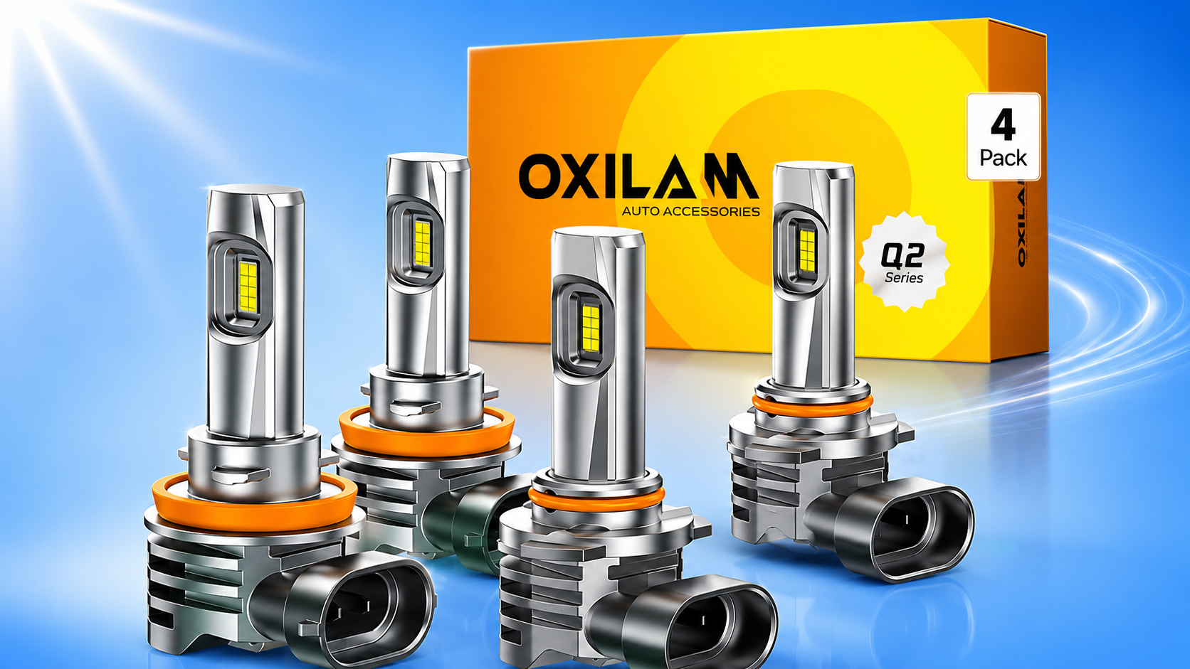 Oxilam Auto Accessories Q2 Series 4-pack LED headlight bulbs showcasing the product box and four high-power bulbs.