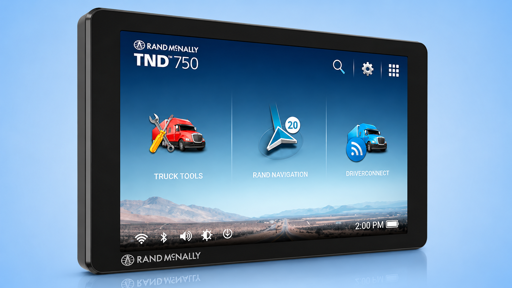 Rand McNally TND 750 truck navigation screen showing the main dashboard menu interface.