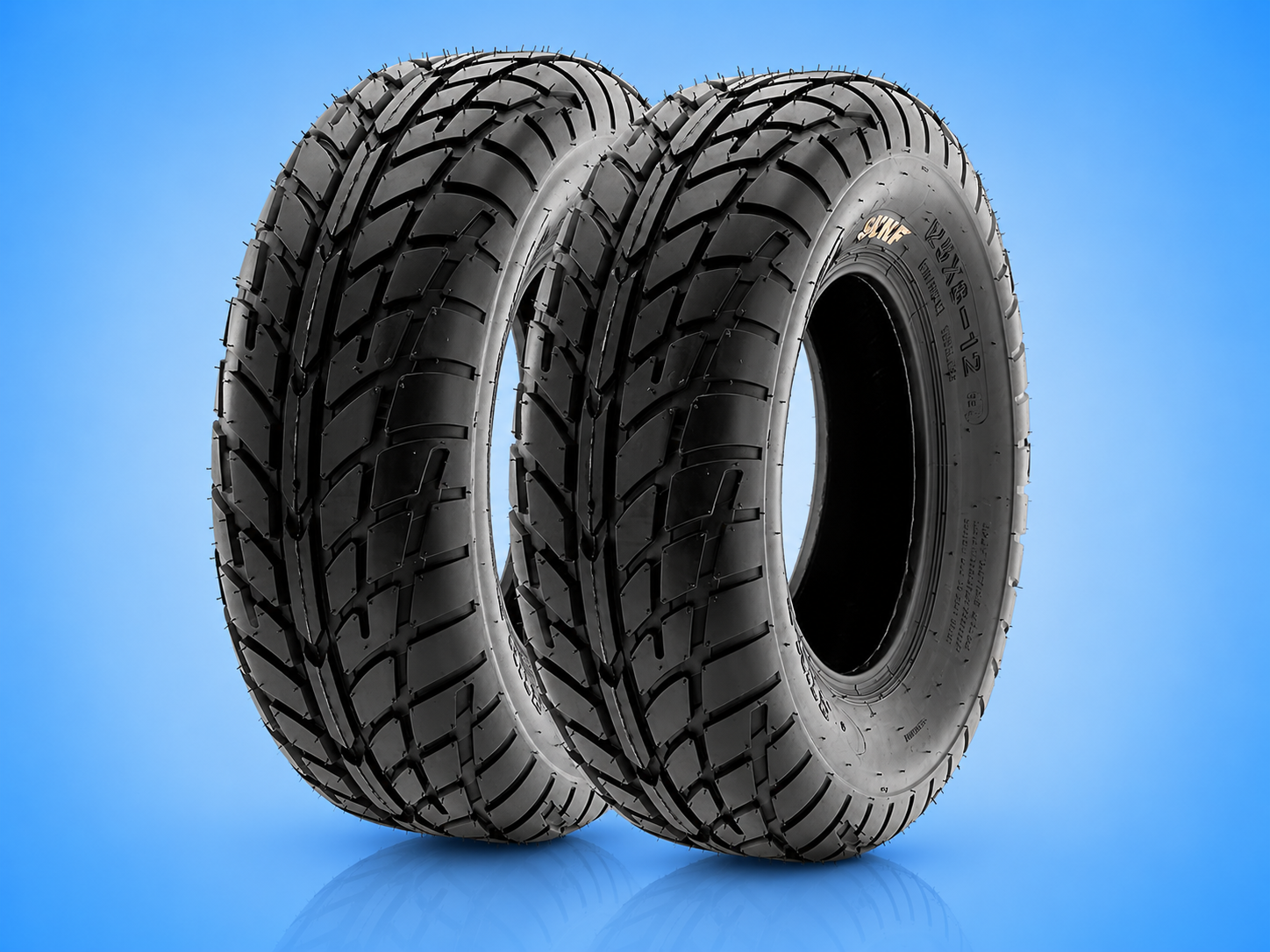 Pair of SunF heavy-duty ATV or UTV tires showing aggressive tread pattern against a solid blue background.