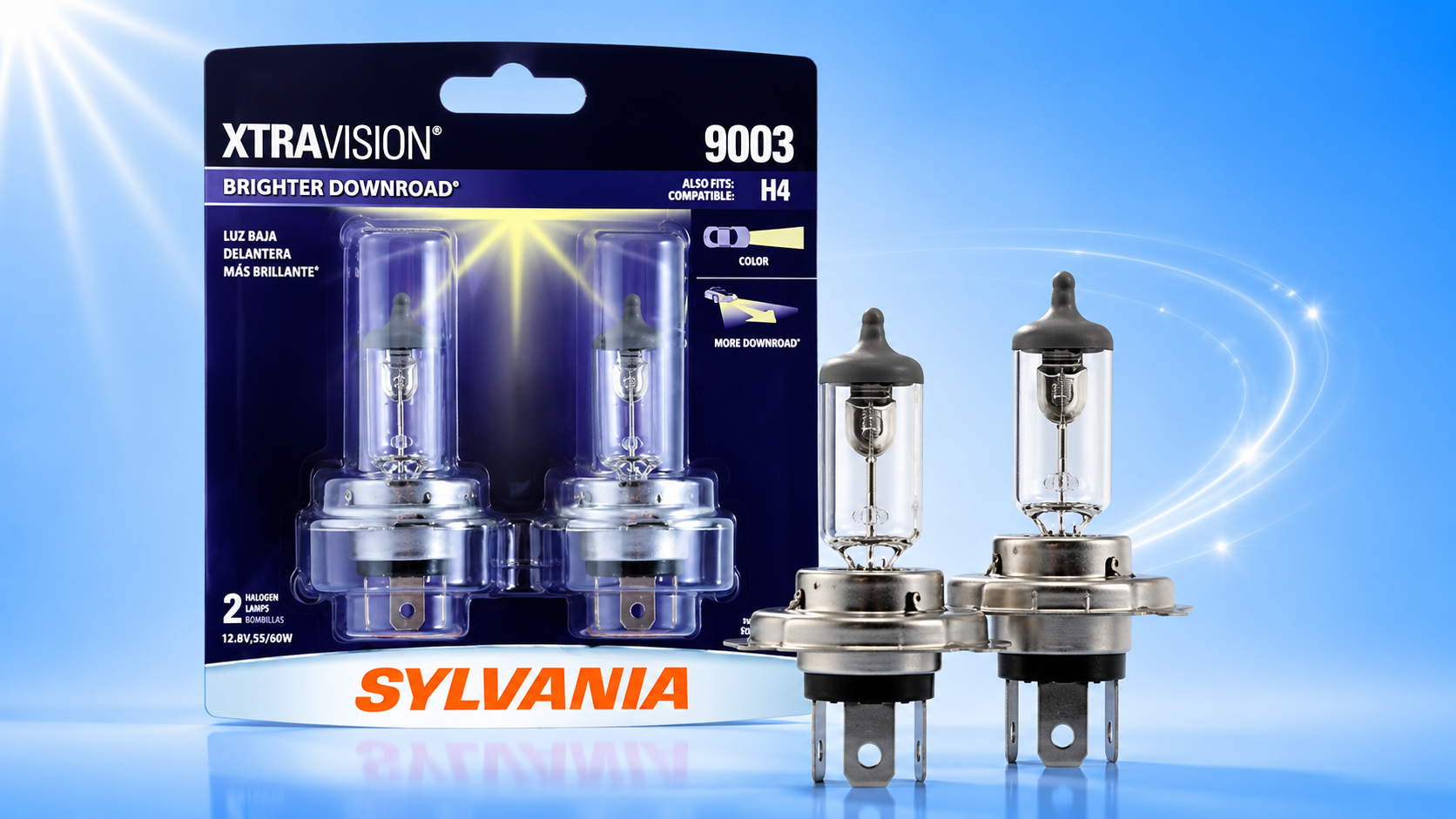 ylvania XtraVision 9003 H4 halogen headlight bulbs pack for brighter downroad night driving visibility.