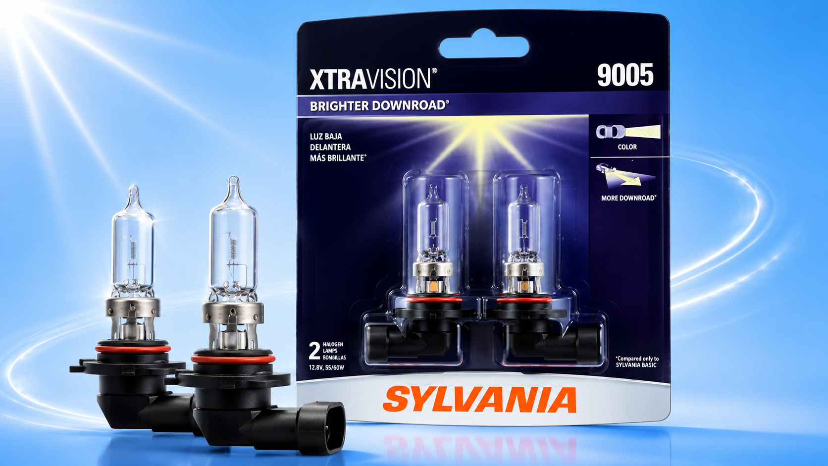 Sylvania XtraVision 9005 halogen headlight bulbs packaging for brighter downroad night driving visibility