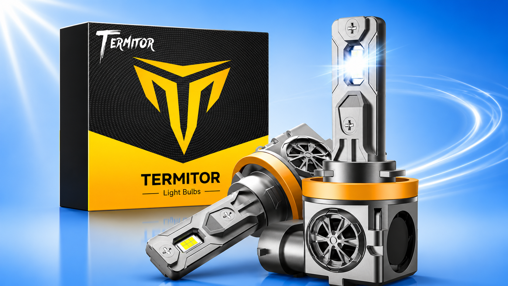 Termitor H11 LED headlight bulbs showcasing integrated cooling fan design and bright light output.