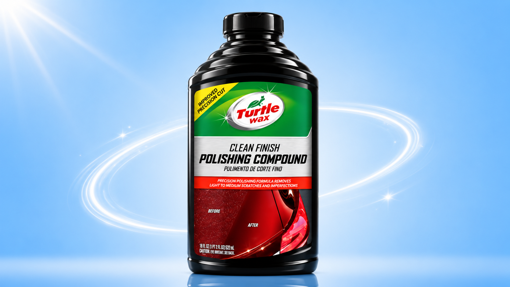 turtle Wax Premium Grade Clean Finish Polishing Compound bottle for removing scratches and imperfections.