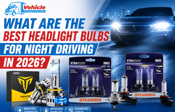 Best headlight bulbs for night driving in 2026 guide by Vehicle Transport Reviews featuring Sylvania XtraVision and LED bulbs.